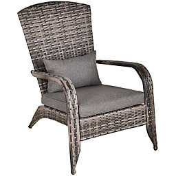Outsunny Patio Adirondack Chair with All-Weather Rattan Wicker, Soft Cushions, Tall Curved Backrest, Grey