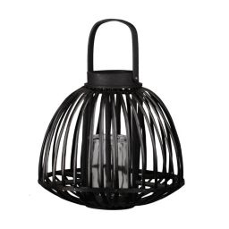 Urban Trends Collection Bamboo Round Bellied Lantern with Top Handle, Vertical Line Lattice Design Body and Hurracane Glass Candle Holder Large Coated Finish - Black
