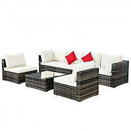 Costway 7 Pieces Patio Rattan Furniture Set Sectional Sofa Garden Cushion-White