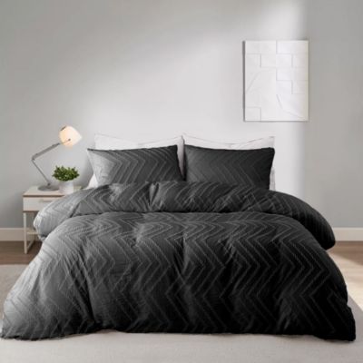 Unikome 3-Piece Jacquard Duvet Cover Set in Black, Wave Quilted, Full/Queen