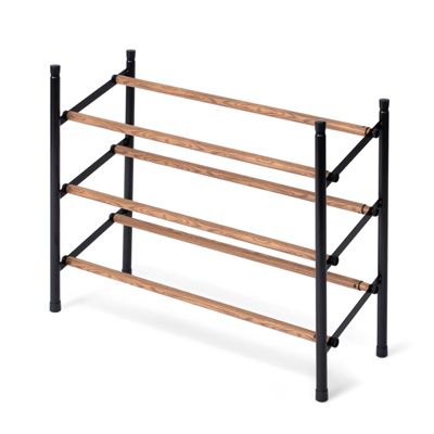 Juvale 3-Tier 18 Pair Shoe Rack Organizer for Entryway Closet Floor, 24-45 inch Expandable, Black & Oak Grain Metal