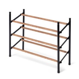 Juvale 3-Tier 18 Pair Shoe Rack Organizer for Entryway Closet Floor, 24-45 inch Expandable, Black & Oak Grain Metal