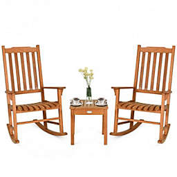 Costway 3 Pieces Eucalyptus Rocking Chair Set with Coffee Table