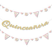 Big Dot of Happiness Mis Quince Anos - Letter Banner Decor - 36 Banner Cutouts and No-Mess Real Gold Glitter Happy Birthday Banner Letters