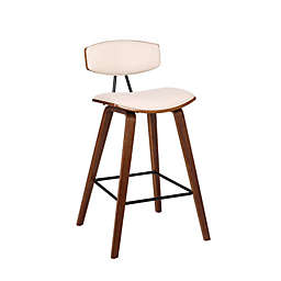 Armen Living Fox 26 Mid-Century Counter Height Barstool in Cream Faux Leather with Walnut Wood