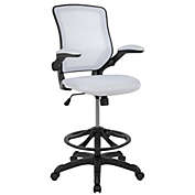 MidBack White Mesh Ergonomic Drafting Chair with Adjustable Foot Ring and Flip-Up Arms