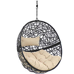 Sunnydaze Jackson Hanging Egg Chair - Resin Wicker - Cream Cushions