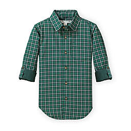 Hope & Henry Baby Boys' Long Sleeve Convertible Double Weave Button Down Shirt, Green and Gray Check, 6-12 Months