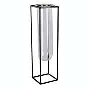 Urban Trends Collection Metal Square Vase with Hanging Clear Tube Glass LG Coated Finish Black