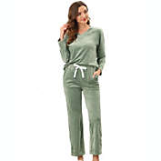 cheibear Women&#39;s Velvet Sleepwear Tracksuits with Pockets V-Neck Lounge Sweatsuit Pajama Sets Medium Green