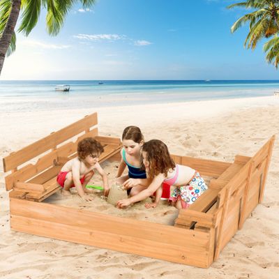 Gymax Kids Large Wooden Sandbox Outdoor Cedar Sandpit Play Station with 2 Bench Seats