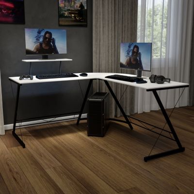 Emma + Oliver L-Shaped Computer White Desk, Gaming Desk, Home Office Desk, Black Frame