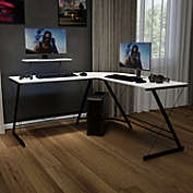 Emma + Oliver L-Shaped Computer White Desk, Gaming Desk, Home Office Desk, Black Frame