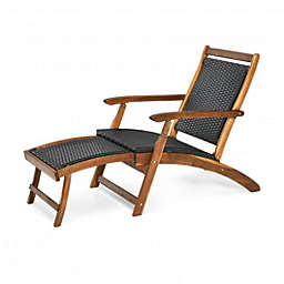 Costway-CA Patio Folding Rattan Lounge Chair Wooden Frame with Retractable Footrest