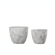 Urban Trends Collection Cement Round Pot with Embossed Palm Leave Abstract  Design Body Set of Two Washed Concrete Finish Gray