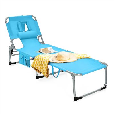 Costway Folding Beach Lounge Chair with Pillow for Outdoor-Turquoise