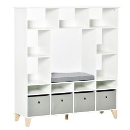 HOMCOM 47" Kids Reading Nook Organizer, Freestanding 15-Cubby Bookcase Storage Cabinet with Cushioned Seat for Toys, Books, Clothes, White