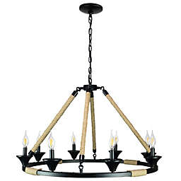 Canyon Home Hinnes Gothic Wagon Wheel Light Fixture with 8 Bulb Overhead Lighting and Vintage Rope Decor for Home, Living or Dining Room, Foyer, or Entryway, Dimmable Options