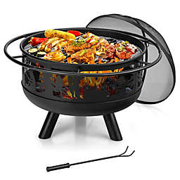 Gymax 30'' Patio Round Fire Pit W/ Fire Poker Cooking Grill For Camping BBQ