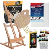 U.S. Art Supply 19-Piece Artist Oil Painting Set with Wooden H-Frame Studio Easel, 12 Vivid Oil Paint Colors, Stretched Canvas, 4 Brushes, Wood Palette - Kids, School, Students, Adults, Starter Kit