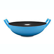 Bruntmor 14 Inch Enameled Cast Iron Wok/ Pot. 14" Nonstick Enamel Skillet Pan With Large Loop Handles & Flat Base. Cookingware For Kitchen/ Indoor/ Outdoor Camping. (Blue)