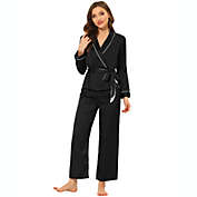 cheibear Women&#39;s Pajama, Daily Satin Long Sleeves Regular fit Nightwear Sleepwear Lounge for Fall Winter, 2pcs Pajamas Sets, Black XS