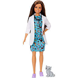Barbie Pet Vet Brunette Doll w/ Career Pet-Print Dress, Medical Coat, Shoes and Kitty Patient