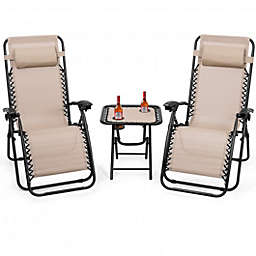 Costway 3 Pieces Folding Portable Zero Gravity Reclining Lounge Chairs Table Set-Beige