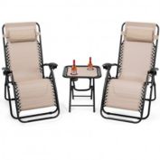 Costway 3 Pieces Folding Portable Zero Gravity Reclining Lounge Chairs Table Set-Beige