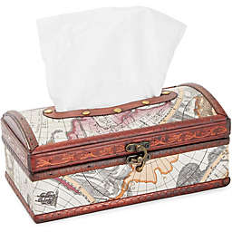Okuna Outpost Wooden Tissue Box Cover, Map Pattern Home Decor (8.8 x 4.9 x 3.9 in)