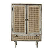 Saltoro Sherpi 38 Inch 2 Door Cabinet, 1 Drawer, Acacia Wood, Cane Front, Weathered White-