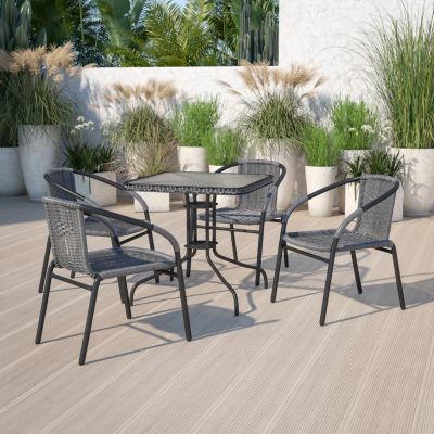 Emma and Oliver 4 Pack Gray Rattan Indoor-Outdoor Restaurant Stack Chair with Curved Back