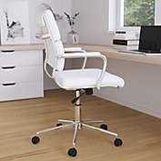 Merrick Lane McEntyre White Ergonomic Swivel Office Chair Panel Style Mid-Back Faux Leather Computer Desk Chair with Padded Chrome Arms & Base