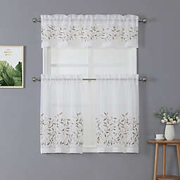Kate Aurora Shabby Sheer Embroidered Complete 3 Piece Floral Rod Pocket Cafe Kitchen Curtain Tier & Valance Set - White