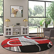 Emma and Oliver Metropolitan 8x8 Round Olefin Accent Rug with Modern Geometric Pattern in Red, Gray, Black & White with Natural Jute Backing