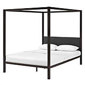 Slickblue Queen size Brown Metal Canopy Bed Frame with Grey Upholstered Headboard