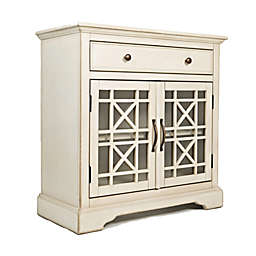 Benzara Craftsman Series 32 Inch Wooden Accent Cabinet with Fretwork Glass Front, Cream