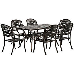 Outsunny 7-Piece Patio Dining Set Cast Aluminium Outdoor Furniture Set 6 Armchairs & Table with Umbrella Hole, Bronze