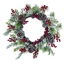 Contemporary Home Living Pinecone and Berries Christmas Holly Wreath, Green 20-Inch