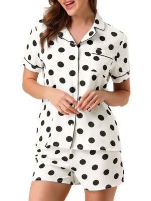 Allegra K Women&#39;s Short Sleeve Polka Dots Notch Collar Button-Down Pajama Sets L White