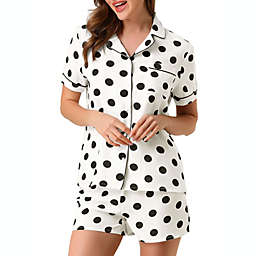 Allegra K Women's Short Sleeve Polka Dots Notch Collar Button-Down Pajama Sets L White