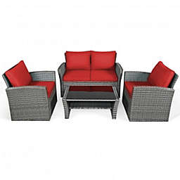 Costway 4 Pcs Patio Rattan Furniture Set Sofa Table with Storage Shelf Cushion-Red
