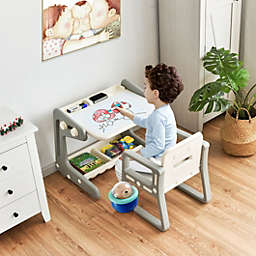 Slickblue 2 in 1 Kids Easel Table and Chair Set  with Adjustable Art Painting Board-Grey
