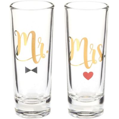 Blue Panda Mr and Mrs Shot Glasses with Gold Foil, Bride & Groom Gift Set for Couples Engagement, Wedding Party, Bridal Shower