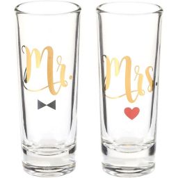 Blue Panda Mr and Mrs Shot Glasses with Gold Foil, Bride & Groom Gift Set for Couples Engagement, Wedding Party, Bridal Shower