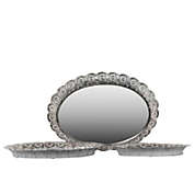 Urban Metal Oval Tray with Mirror Surface and Pierced Metal Frame Set of Three Electroplated Finish Silver