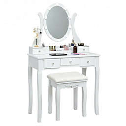 Costway 10 Dimmable Lights Vanity Table Set with Lighted Mirror and Cushioned Stool-White