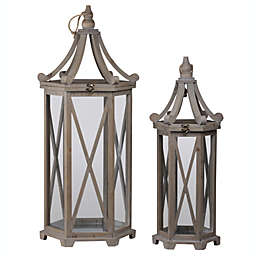 Urban Trends Collection Wood Hexagonal Lantern with Rope Handle, Cabriole Open Top, Glass Sides, 