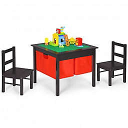 Costway 2-in-1 Kids Activity Table and 2 Chairs Set with Storage Building Block Table-Espresso