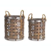 Melrose Home Decorative Pail with Rope Handle (Set of 2) 15.5"H, 18"H Wood/Metal